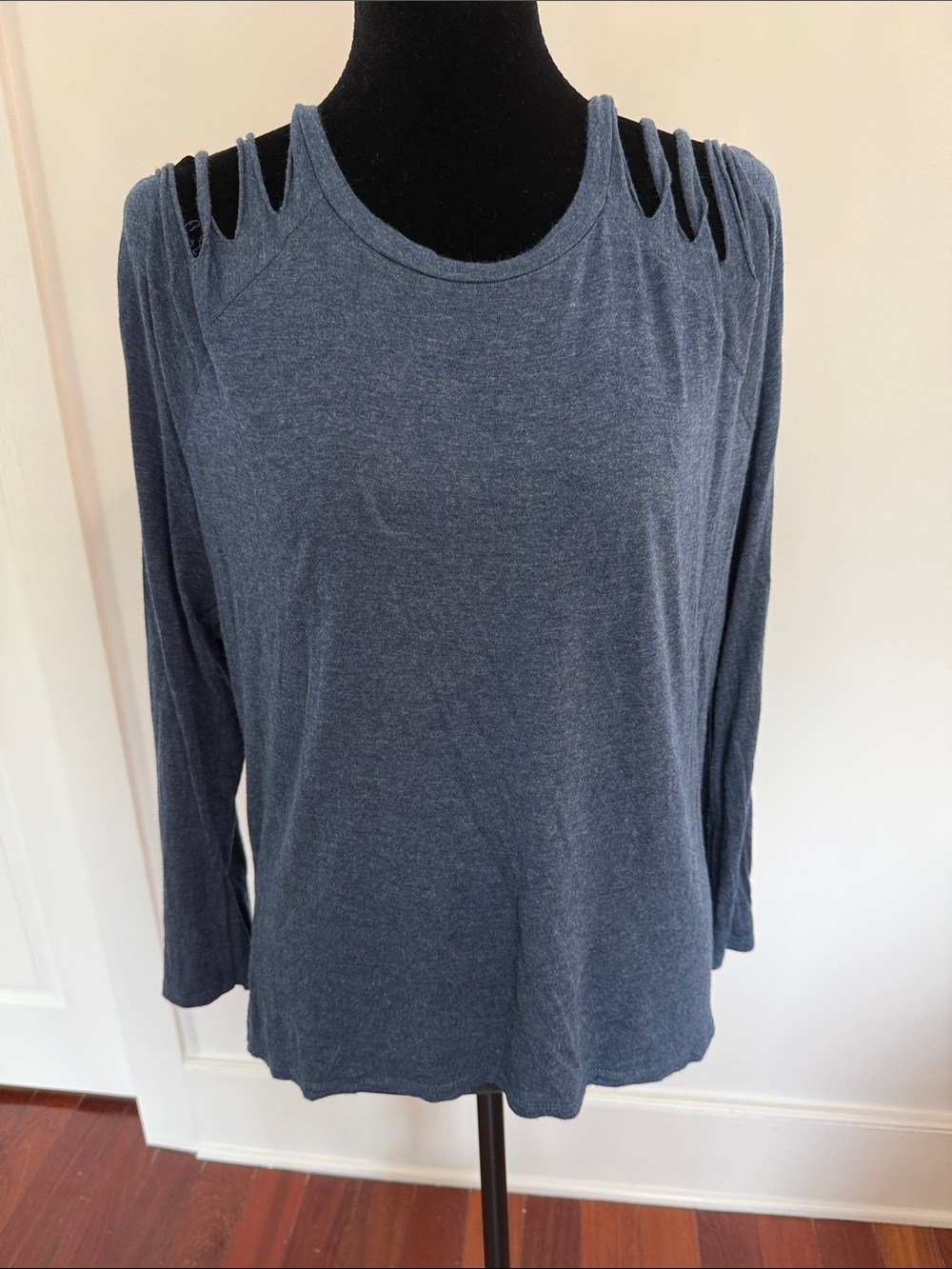 Elan Slate Blue Cutout Shoulder Long Sleeve Top